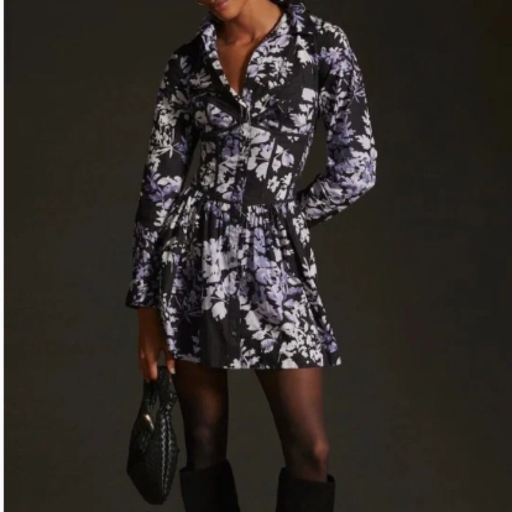 Anthropologie Purple Black Floral Corset Long Sleeve Dress Size 0P NWOT